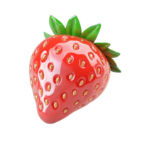 Bright red strawberry fruit icon isolated on a clean transparent background showcasing its glossy texture and green leaves, strawberry 3d fruit icon isolated on transparent background png