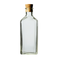 Clear empty glass bottle with cork stopper isolated on a transparent background, suitable for various uses, Empty bottle isolated on transparent backgroundfile png