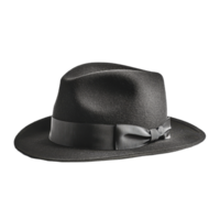 Black felt hat with a satin ribbon on a transparent background ideal for fashion displays or costume styling, hat on transparent backgroundfile png