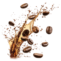 Coffee beans splashing in liquid, showcasing dynamic movement and rich colors against a transparent background, Coffee beans splashing isolated png
