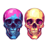 Colorful realistic skulls on a transparent background highlighting artistic design and vibrant hues, Realistic colorful two skulls on transparent background. Skull transparent background png