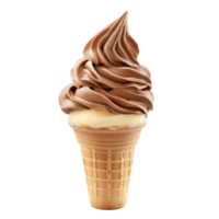 Delicious chocolate soft serve ice cream cone isolated against a transparent background, tempting sweetness for dessert lovers, Chocolate Soft Serve Ice Cream in Cone Isolated on transparent png