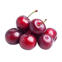 Fresh red cherry plums stacked together on a clean transparent background, highlighting their vibrant color and smooth texture, red cherry plum on transparent background png
