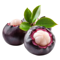 Fresh mangosteen fruit with green leaves isolated on a plain transparent background showcasing its unique appearance, ripe mangosteen isolated on transparent background png