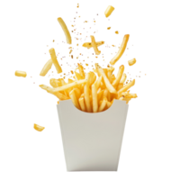 French fries bursting out of a transparent paper box, capturing a moment of crispy delight and playful chaos, French fries splashing out from transparent paper box png