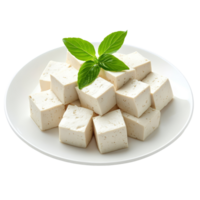 Fresh tofu cubes arranged on a transparent plate with basil leaves on a clean transparent background, tofu in transparent plate isolated on transparent background png