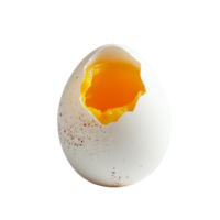 A boiled egg with a cracked shell revealing bright yolk on a transparent background, boiled egg on transparent background full depth of field png