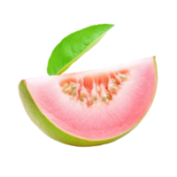Fresh pink guava slice with green leaf isolated on a clean transparent background for culinary uses, slice pink guava fruit isolated on transparent background png