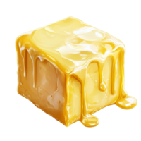 Melted butter cube isolated on a transparent background highlighting its rich texture and golden hue, Cube butter melting isolated png