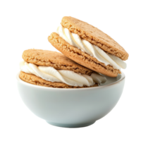 Delicious sandwich cookies with cream filling displayed in a bowl against a clean transparent background, sandwich cookies with cream in bowl on transparent background png