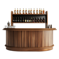 Elegant wooden bar counter with topshelf bottles isolated on a transparent background, Bar counter isolated on transparent background png