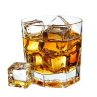 A glass of whiskey with ice cubes on a transparent background for a refreshing drink experience, whiskey with ice cubes on transparent background png