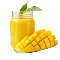 Refreshing sweet mango juice in a glass jar with fresh mango slices, set against a clean transparent background, Sweet mango juice in a glass jar on a transparent background png