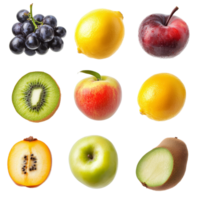 An assortment of fresh fruits isolated on a transparent background showcasing diverse colors and textures, Various type of fruits isolated png