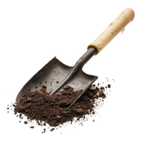 A metal shovel with a wooden handle resting on a transparent background, covered in rich, dark soil, Shovel or spade, rake on transparent background png