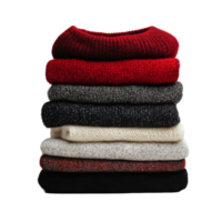 A cozy stack of colorful sweaters arranged neatly on a transparent background ideal for winter fashion inspiration, sweaters stacked group on transparent background png