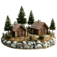 Charming rustic log cabins nestled among tall trees and boulders on a transparent transparent landscape, 3D Rustic Log Cabins Surrounded by Nature on transparent background png
