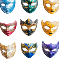 Colorful festive masks arranged artistically on a transparent background for a vibrant celebration or carnival event, Colorful Festive Masks on transparent background png