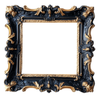 Elegant black and gold baroque style photo frame on a transparent background showcasing intricate design, black gold baroque photo frame, isolated on transparent background,isolated transparent png