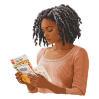 Woman examining a grocery receipt while shopping in a supermarket on a busy afternoon, file no background Woman checking a grocery receipt png