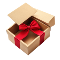 A beautifully wrapped brown gift box with a vibrant red bow resting on a transparent background, ideal for special occasions, Brown open gift box with red bow isolated on transparent background Stock png