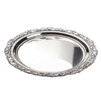 Elegant silver tray with ornate details isolated on a transparent background for decorative purposes and serving solutions, silver tray isolated on transparent background png