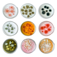 Exploring diverse bacterial colonies in petri dishes showcasing various colors and patterns under laboratory conditions, Different types of bacterial colonies in petri dish over transparent background png