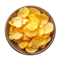Freshly served potato chips on a brown plate against a clean transparent background ready for snacking at any time, Potato chips in a plate isolated on transparent background png