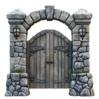 A beautifully crafted stone gate framed by elegant lanterns on a classic transparent background, Beautiful stone gate on a transparent background png