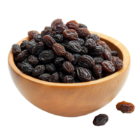 Fresh and natural raisins in a wooden bowl on a clean transparent background perfect for snacking or cooking needs, Raisins in wooden bowl on transparent background png