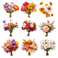 A beautiful collection of bridal bouquets featuring fall colors and vibrant blooms arranged artistically, bridal bouquet consists from fall and spring flower, isolated transparent background png