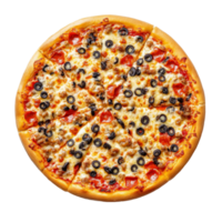Delicious pepperoni and olive pizza perfectly sliced, isolated on a transparent background for a clean culinary presentation, pizza isolated on transparent background png