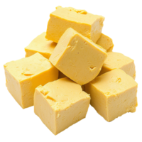 Yellow tofu stacked neatly on a transparent background highlighting its smooth texture and vibrant color, yellow tofu on transparent background png