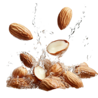 Almonds splashing into water against a bright transparent background for a dynamic food presentation, Group of almonds splashing over transparent background png