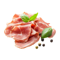 Italian raw speck meat slices with fresh basil and peppercorns on a transparent background, italien raw speck meat isolated on transparent background png