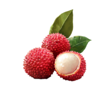 Fresh lychee fruit with green leaves on a transparent background showcasing its vibrant color and unique texture, Lychee on transparent background png