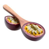 Fresh passion fruit in a wooden spoon isolated on a transparent background showcasing its vibrant pulp and texture, passion fruit in wood spoon isolated on transparent background png