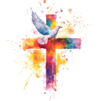 A vibrant watercolor Christian cross with a dove perched above, symbolizing peace and faith in a colorful display, colorful christian cross with dove of peace isolated on transparent background png