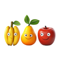 Cheerful fruit characters including banana, apple, and orange with cartoon faces on a clean transparent background, Fruit Characters Banana, Apple, Orange on transparent background png