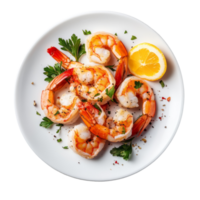Juicy cooked shrimps garnished with parsley and lemon slices on a clean transparent plate ready for dining, Cooked shrimps on transparent background png