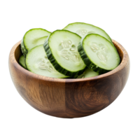 Fresh cucumber slices displayed in a wooden bowl, perfect for healthy snacking or meal preparation, Fresh cucumber slices in wood bowl isolated on transparent background png