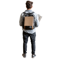 Student stands holding books while wearing a backpack in a neutral setting during a study session, Student standing and holding a book back view file no background png