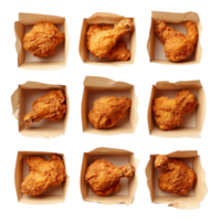 A delicious collection of golden fried chicken pieces in square brown containers arranged in a neat grid for easy sharing, fried chicken in square brown card box paper isolated on transparent png