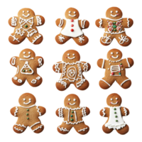 Deliciously decorated gingerbread men arranged in a playful layout on a festive background, beautiful decorated gingerbread mans objects isolated on transparent background png