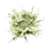 Olive green powder bursts from an explosion isolated on a transparent background showcasing its texture and form, olive green color powder pulver explosion isolated on transparent background png