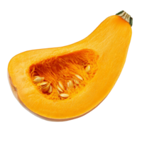 Fresh butternut squash slice showcasing vibrant orange flesh and seeds against a clean transparent background, butternut squash slice isolated on transparent background png