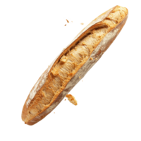 Freshly baked baguette with crumbs falling on a clean transparent background showcasing artisanal bread, Fresh Baguette with Crumbs Drifting Down transparent background png