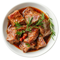 Delicious veal slices cooked in a savory sauce with herbs in a dish ready to be served, slices of veal cooked in a sauce dish isolated on transparent background png