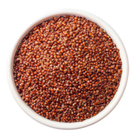 A closeup view of vibrant red quinoa grains in a transparent bowl on a plain background showcasing natural food textures, red quinoa on transparent background png