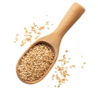 Natural sesame seeds in a wooden scoop resting on a clean transparent surface with scattered seeds around, sesame in scoop on transparent background png